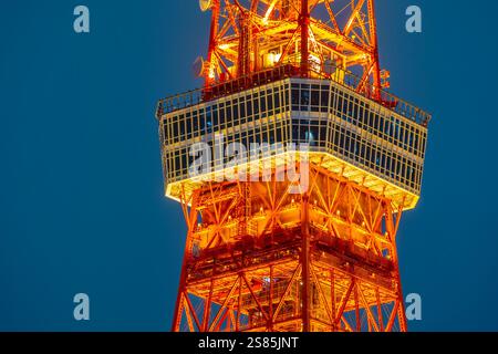 Vista notturna della Tokyo Tower, Minato City, Tokyo, Honshu, Giappone Foto Stock