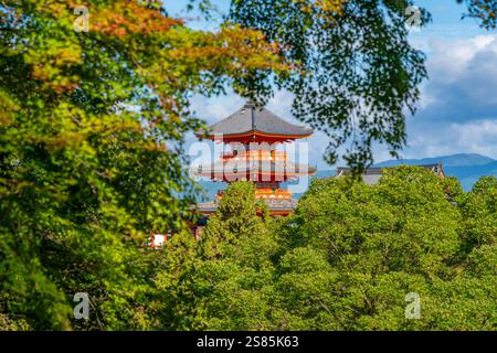 Veduta del tempio Kiyomizu-dera tra gli alberi, UNESCO, Kiyomizu, Higashiyama Ward, Kyoto, Honshu, Giappone Foto Stock