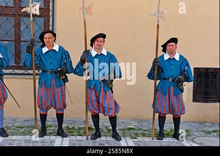 Guardie in costume medievale presso l'ex sede del Consiglio che ospita un Museo di storia, Piazza del Consiglio (piata Sfatului), Brasov, Transilvania, Romania Foto Stock