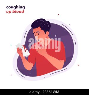 Illustrazione vettoriale di un uomo che tossisce sangue. Un uomo ha un fazzoletto con macchie di sangue tra le mani dopo la tosse. Sintomi di tubercolosi Illustrazione Vettoriale