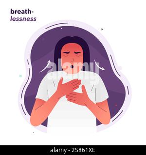 Illustrazione vettoriale di una ragazza che ha difficoltà a respirare. Respiro corto a causa della mancanza di ossigeno. Sintomi di allergie, asma, malattie cardiache Illustrazione Vettoriale