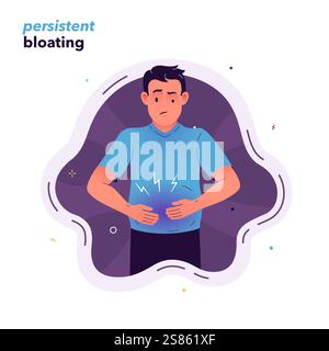 Illustrazione vettoriale di un uomo che soffre di gonfiore. L'uomo sperimenta un costante gonfiore. Sintomi di sindrome dell'intestino irritabile o allergie alimentari Illustrazione Vettoriale