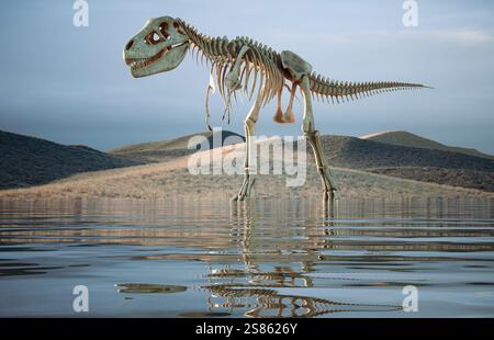 Lo scheletro di un dinosauro in natura. Questa è un'illustrazione di rendering 3D. Foto Stock