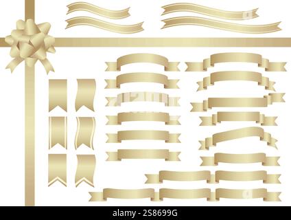 Set di illustrazioni vettoriali con nastro dorato champagne isolato su sfondo bianco. Illustrazione Vettoriale