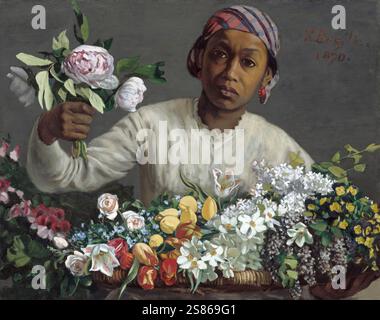 Dunkelhäutige Frau, Blumenverkäuferin mit Pfingstrosen und anderen Blumen, Verkaufsstand, 1870, Gemälde von Frederic Bazille, Frankreich, Historisch, digital restaurierte Reproduktion von einer Vorlage aus der damaligen Zeit Foto Stock
