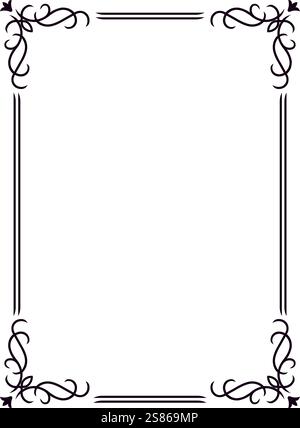 Elegante bordo rettangolare nero con vortici decorativi negli angoli che incorniciano uno spazio vuoto, ideale per certificati, inviti o. Illustrazione Vettoriale