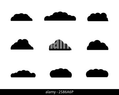 Set di design nuvola di colore nero. Le nuvole sono ricche di texture, con strati di neri profondi e grigi fumosi icona Cloud, design a forma di nuvola per logo, Web. Illustrazione Vettoriale