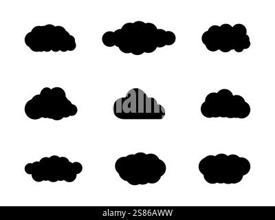 Set di design nuvola di colore nero. Le nuvole sono ricche di texture, con strati di neri profondi e grigi fumosi icona Cloud, design a forma di nuvola per logo, Web. Illustrazione Vettoriale