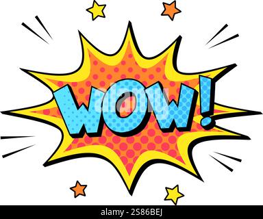 Un'esplosione di cartoni animati vivaci e colorati, piena di stelle e puntini mezzitoni, che esprimono sorpresa e stupore in un divertente stile fumettistico Illustrazione Vettoriale