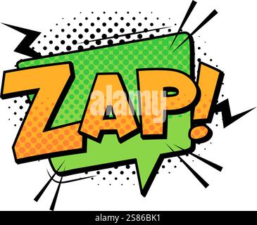 Caratterizzato da una vivace espressione zap verde e arancione in stile fumetto, arricchito da punti mezzitoni e fulmini dinamici, che trasmettono un'azione improvvisa Illustrazione Vettoriale
