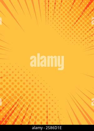 Linee di zoom radiali arancioni e punti mezzitoni convergenti verso il centro, creando uno sfondo vivace e dinamico adatto per fumetti e grafica Illustrazione Vettoriale