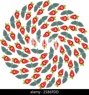 Fragola stilizzata con foglie di menta sfondo circolare dalle tonalità alla moda. Appassionato di frutta estiva. Illustrazione vettoriale isolata schede tematiche o di menu, sfondo di opuscoli, banner promozionali per etichette o Web Illustrazione Vettoriale