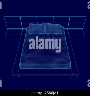 Letto con lenzuola blu e cuscino. Il letto è in una camera con un muro blu Illustrazione Vettoriale