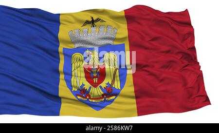 Isolato Bucharest City Bandiera, Città Capitale della Romania, sventola su sfondo bianco, ad alta risoluzione Foto Stock