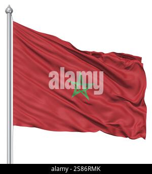 Bandiera del Marocco con il pennone sventolare nel vento contro uno sfondo bianco Foto Stock