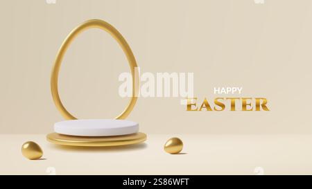 Buona Pasqua, sfondo 3d con podio galleggiante e uova dorate elegante design vettoriale Illustrazione Vettoriale