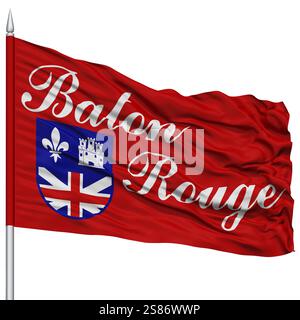 Baton Rouge bandiera sul pennone, capitale dello stato della Louisiana, volare nel vento, isolato su sfondo bianco Foto Stock