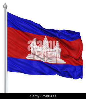 Bandiera della Cambogia con pennone sventolare nel vento contro uno sfondo bianco Foto Stock
