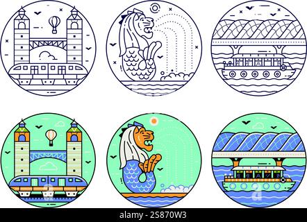 Icone della linea simboli e punti di riferimento di Singapore Illustrazione Vettoriale