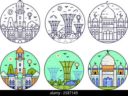 Icone della linea simboli e punti di riferimento di Singapore Illustrazione Vettoriale
