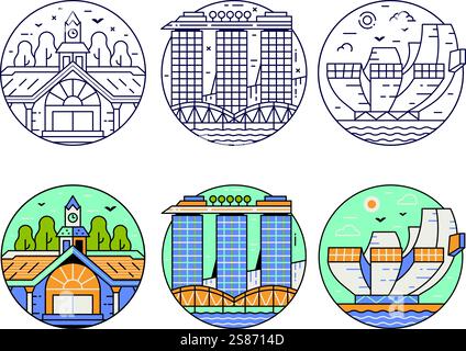 Icone della linea simboli e punti di riferimento di Singapore Illustrazione Vettoriale
