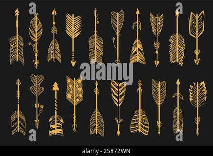Icone delle frecce Golden Boho. Elementi decorativi etnici tribali. Piume ornate per il tiro con l'arco. Parte di prua indiana nativa. Punta di freccia dorata Doodle. Arma Bowman. Illustrazione Vettoriale