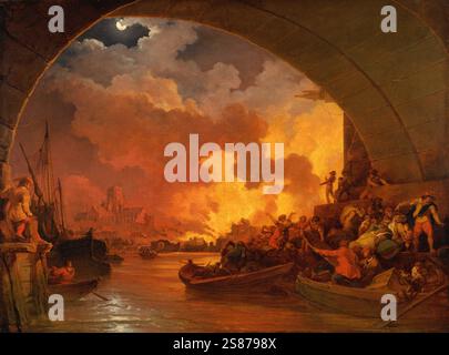 Der Große Brand von London, grande incendio di Londra, eine di guerra Feuersbrunst, die vom Sonntag, 12. Settembre 1666 bis Mittwoch, 15. Settembre 1666., vier Fünftel der City of London zerstörte, darunter die meisten mittelalterlichen Bauten, Gemälde von Philippe-Jacques de Loutherbourg, Historisch, digital restaurierte Reproduktion von einer Vorlage aus dem 19. Jahrhundert Foto Stock