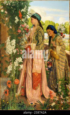 Zwei junge türkische Frauen in einem blühenden Garten mit Rosen und Lilien, Lilium Auratum, 1871, Gemälde von John Frederick Lewis., Historisch, digital restaurierte Reproduktion von einer Vorlage aus dem 19. Jahrhundert Foto Stock