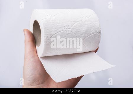Una mano femminile prende in mano un rotolo di carta igienica bianca Foto Stock