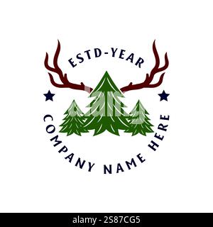 Foresta di Hemlock di legno di cedro di pino, abete sempreverde, con cervo di Antler e renne per avventure all'aperto, con logo Design Vector Illustrazione Vettoriale