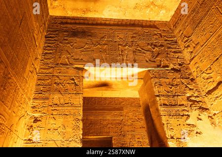 Assuan, Egitto; 18 gennaio 2024: Scopri l'arte dell'antico Egitto con le mura geroglifiche di file. Le mura e i pilastri del Tempio di Iside. Foto Stock