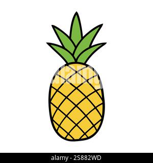 Immagine dell'ananas. Disegno a cartoni di un ananas maturo con foglie verdi. Illustrazione vettoriale Illustrazione Vettoriale
