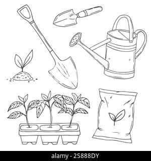 Set vettoriale con spaghetti isolati disegnati a mano sul tema del giardino, degli attrezzi da giardino, dell'agricoltura, dell'attrezzatura, del raccolto. Simboli del giardinaggio su un dorso bianco Illustrazione Vettoriale