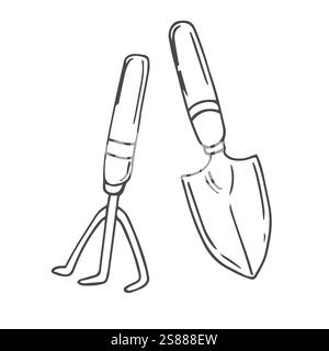 Strumenti da giardino icone lineari e scarabocchi. Rastrello da giardino, forchetta da giardino, cazzuola per fiori, coltivatore a mano, cesoie per potatura, forbici, pala a baionetta, spazzola, fossa Illustrazione Vettoriale