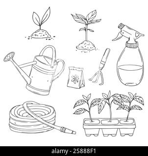 Set vettoriale con spaghetti isolati disegnati a mano sul tema del giardino, degli attrezzi da giardino, dell'agricoltura, dell'attrezzatura, del raccolto. Simboli del giardinaggio su un dorso bianco Illustrazione Vettoriale