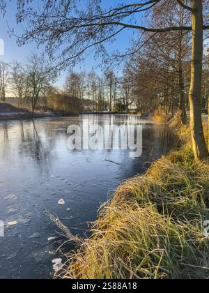 Laghetto ghiacciato in una soleggiata mattina d'inverno. York, Regno Unito. Foto Stock