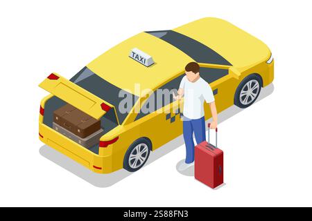 Un taxi giallo con un bagagliaio aperto carico di valigie e un uomo che usa uno smartphone accanto all'auto. Perfetto per mostrare viaggi e trasporti Illustrazione Vettoriale