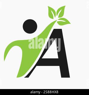 Lettera iniziale Un concetto di design con logo Bio o Healthcare con simbolo a foglia verde e umana Illustrazione Vettoriale