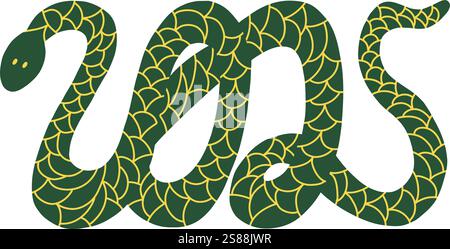 Silhouette di serpente in legno verde a forma di 2025 con ornamenti dorati. Simbolo animale del capodanno cinese. Illustrazione Vettoriale
