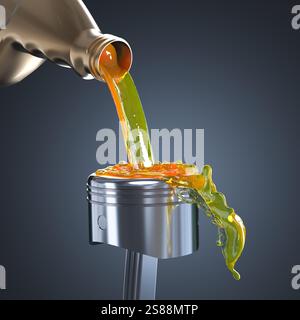 Versare olio motore su un pistone, concetto di manutenzione automobilistica 3d. Foto Stock