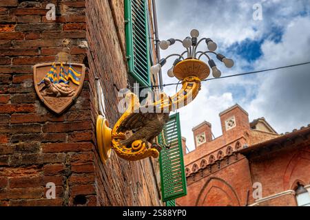 Un lampione decorativo che rappresenta l'Aquila o l'Aquila Contrada accanto ad una targa da parete della Tartuca o della contrada Tartaruga a Siena, Italia Foto Stock