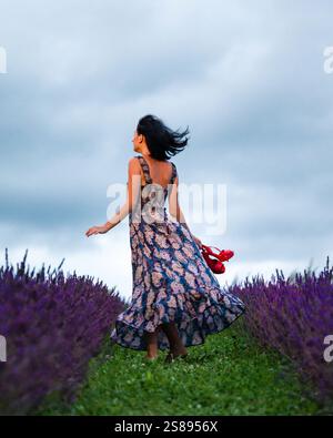 Una donna con un maxi abito floreale che scorre attraversa un vivace campo di lavanda viola. Il cielo è coperto, aggiungendo un'atmosfera serena alla scena. Lei CA Foto Stock