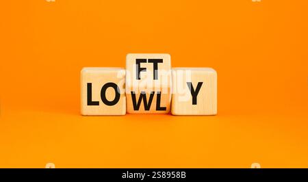 Simbolo alto o basso. Parole concettuali Lofty lowly su blocco di legno. Bellissimo sfondo arancione. Concetto di business alto o basso. Copia spac Foto Stock