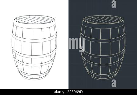 Illustrazioni vettoriali stilizzate di disegni a botte in legno Illustrazione Vettoriale