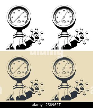 Valvola per la regolazione del flusso di gas con primo piano del controllo della pressione Illustrazione Vettoriale