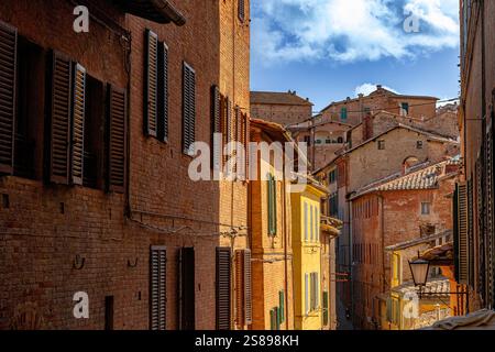 Un fitto gruppo di edifici lungo una stretta strada a Siena, Italia Foto Stock