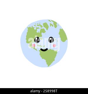 Vettoriale disegnato a mano disegna il pianeta Terra colorato con una simpatica faccia kawaii isolata su sfondo bianco Illustrazione Vettoriale
