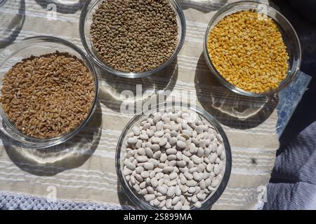 Ciotole di vetro posizionate su un tavolo all'aperto con raffinati prodotti cretesi, fagioli secchi, lenticchie, semi di grano e molto altro Foto Stock