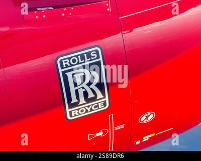 In rotta da Londra a Miami, 3 gennaio 2025: Vista ravvicinata di uno dei motori a reazione Rolls-Royce su un Airbus A330 Virgin Atlantic. Foto Stock