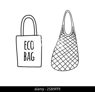 Disegno vettoriale a due schizzi disegnati a mano Shopping, panno riutilizzabile, borsa ecologica in cotone a rete con cordoncino, isolata su sfondo bianco Illustrazione Vettoriale